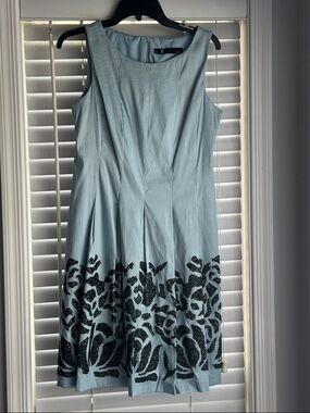 Leslie Fay Pale Blue Sleeveless Midi Dress with Black Floral Hem